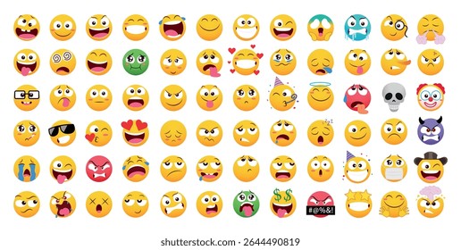 Coleção de emojis vetoriais coloridos com vários ícones emocionais de rosto como feliz, triste, irritado, rindo e surpreso. Ótimo para aplicativos de mensagens, design de interface do usuário e conteúdo de mídia social.