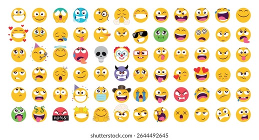 Coleção de emojis vetoriais coloridos com vários ícones emocionais de rosto como feliz, triste, irritado, rindo e surpreso. Ótimo para aplicativos de mensagens, design de interface do usuário e conteúdo de mídia social.