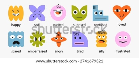 Colorful vector emotion set face characters labeled with different feelings. Educational emotional intelligence toolkit for kids, therapy, classrooms and social emotional learning activities.