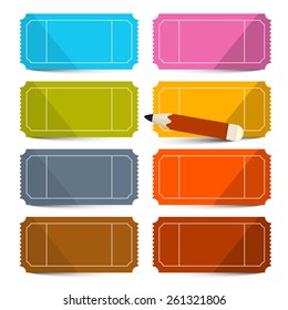 Colorful Vector Empty Tickets Set with Pencil Illustration Isolated on White Background