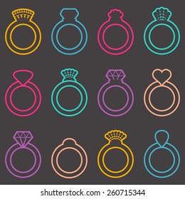 Colorful vector engagement or wedding ring icons outline