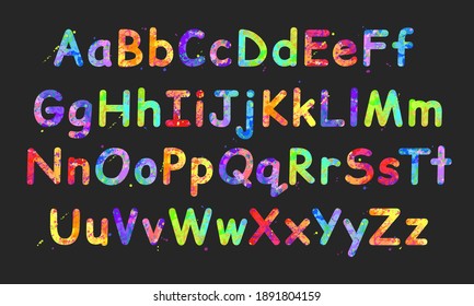 Colorful vector English alphabet with effect of liquid spots of paint in vibrant colors, isolated on dark grey background, perfect for print, poster. 