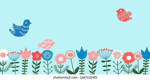 Colorful vector ethnic hand drawn spring background with flowers and birds. 