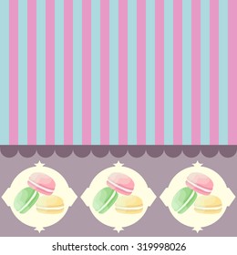 Colorful vector fabric seamless pattern for dress with blue and pink stripes and yellow, green and pink macaroons.