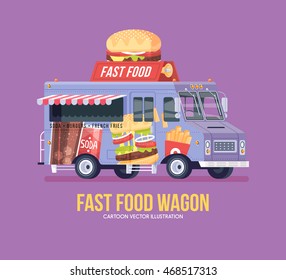 Colorful vector fast food truck. Street cuisine. Burgers, sanwiches, french fries. Food truck. Modern flat illustration.