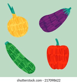 Colorful vector felt tip marker pen drawn   zucchini, eggplant, onion and  bell pepper vegetable set, one click edit color