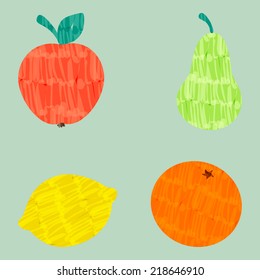 Colorful vector felt tip marker pen drawn apple, lemon, pear and orange fruit set, easy edit color