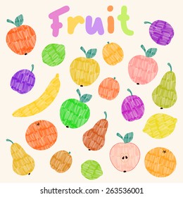 Colorful vector felt tip marker pen drawn fruit set with orange, pear, plum, lemon, banana, lime, apricot and apple. Easy edit color