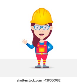 Colorful vector female construction worker cartoon character