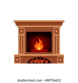 Colorful vector fireplace icon isolated in cartoon flat style. Comfortable cozy warm fireplace flame bright winter Christmas decoration interior illustration.