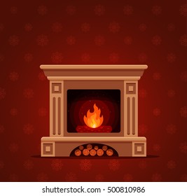 Colorful vector fireplace icon isolated in cartoon flat style. Comfortable cozy warm fireplace flame bright winter Christmas decoration interior illustration.