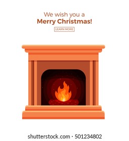 Colorful vector fireplace icon isolated in cartoon flat style. Comfortable cozy warm fireplace flame bright winter Christmas decoration interior illustration.