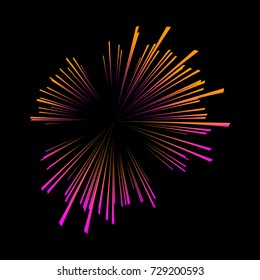 Colorful vector firework shape. Burst light rays. Exploding graphic element isolated on black background.  Festive design decoration
