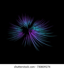 Colorful vector firework shape. Burst light rays. Exploding graphic element isolated on black background.  New Year party design.