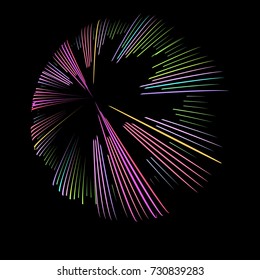Colorful vector firework shape. Burst light rays. Exploding graphic element isolated on black background.  New Year party design.