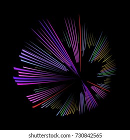 Colorful vector firework shape. Burst light rays. Exploding graphic element isolated on black background.  New Year party design.