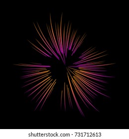 Colorful vector firework shape. Burst light rays. Exploding graphic element isolated on black background.  New Year party design.