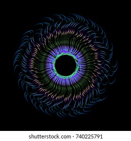 Colorful vector firework shape. Burst light rays. Exploding graphic element isolated on black background.  New Year party design.