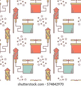 Colorful vector fireworks seamless pattern. Festival or party elements background. Line carnival print illustration. Entertainment decorating. Cartoon surprise flat pictogram wallpaper. Show sparks