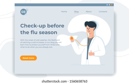 Colorful vector first screen template with friendly young doctor, holding stethoscope. Online diagnosis concepts.