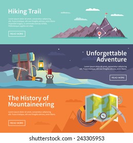 Colorful vector flat banner set. Quality design illustrations, elements and concept. The history of mountaineering. Unforgettable adventure. Hiking trail.