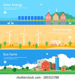 Colorful Vector Flat Banner Set. Quality Design Illustrations, Elements And Concept - Solar Energy, Wind Energy, Eco Farm