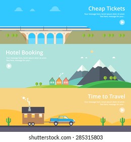 Colorful vector flat banner set. Quality design illustrations, elements and concept - Hotel booking, House at the lake, Mountain hotel, Cheap tickets, Home on wheels, Time travel