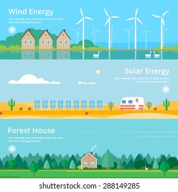 Colorful vector flat banner set. Quality design illustrations, elements and concept - Solar energy, Wind energy, Ecology, 