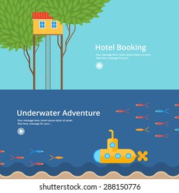 Colorful vector flat banner set. Quality design illustrations, elements and concept - Hotel booking, Underwater adventure