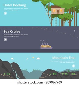 Colorful vector flat banner set. Quality design illustrations, elements and concept - Hotel booking, House at the lake, Mountain hotel, Cheap tickets, Home on wheels, Time travel