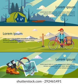 Colorful vector flat banner set. Quality design illustrations, elements and concept. The history of mountaineering. Unforgettable adventure. Hiking trail.