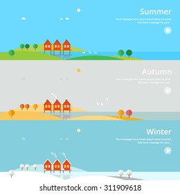 Colorful vector flat banner set. Quality design illustrations, elements and concept - Hotel on the lake, Summer, Autumn, Winter, Hotel booking