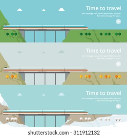 Farbige Vektorflachbanner-Set. Illustrationen, Elemente und Konzept von Qualitätsdesign - Bahnfahrten, Fahrkarten von Chiap, Sommer, Herbst, Winter