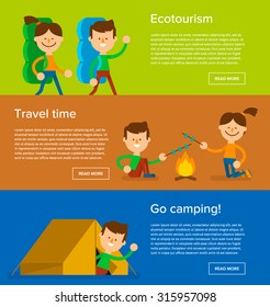 Colorful vector flat banner set. Camping with tent and bonfire. Happy tourists with backpacks. Flat design. Vector illustration.