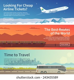 Colorful vector flat banners set. Quality design illustrations, elements and concept. Flying airplane. Train. Bus.