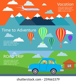Colorful vector flat banners set. Quality design illustrations, elements and concept. Flying airplane. Car. Illustration