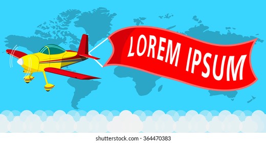 Colorful vector flat concept design on flying advertising, advertisement banners pulled by light plane isolated on world map background. 