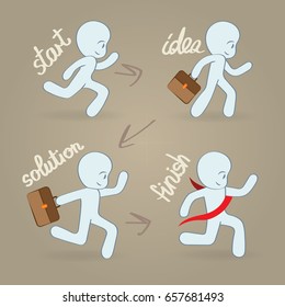 Colorful vector flat design for work-flow layout, start, idea, solution and finish.
Running man with briefcase. Cartoon theme icons set.