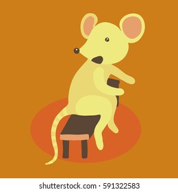 Colorful vector flat illustration of anthropomorphic yellow mouse sitting on brown wooden bench, looking over her shoulder, surprised. Orange background with shadow.