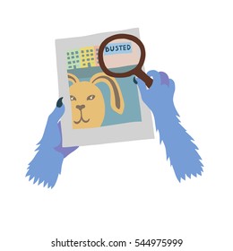 Colorful vector flat illustration of blue beast hands holding photo of yellow rabbit on the street and a magnifying glass. Plate on street seen through loupe says Busted. Stalker, privacy concept.