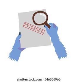 Colorful vector flat illustration of blue beast hands holding piece of paper with red Evidence stamp on it and magnifying glass. Detective concept.