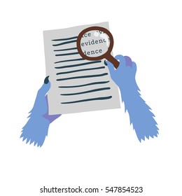 Colorful vector flat illustration of blue beast hands holding piece of paper with readable lines written on it and magnifying glass. Word Evidence seen through loupe. Detective concept.