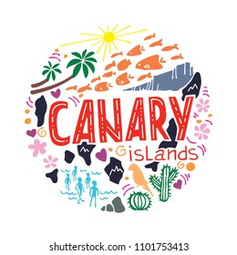 Colorful vector flat illustration of Canary. Round pattern with the main symbols of Canary, isolated elements. Can be used as a sticker,  prints for t-shirts and cups, cards, posters.