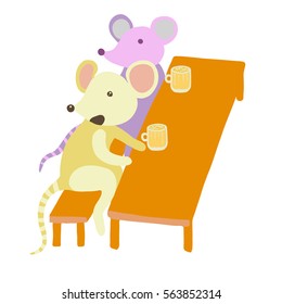 Colorful vector flat illustration of company of two mice sitting at table, drinking. Looking over their shoulders, surprised. Pub party game concept. Isolated on white background.