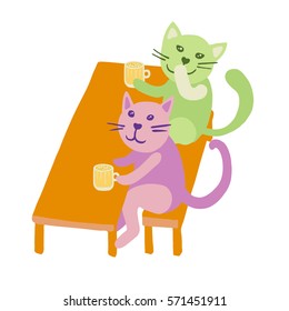 Colorful vector flat illustration of company of two cute cats sitting at table, drinking.  Pub party game concept. Isolated on white background.