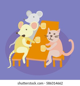 Colorful vector flat illustration of company of cat and two mice sitting at table, drinking. Pub party game concept. Blue background with shadow.