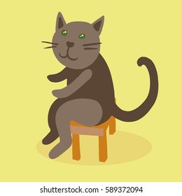 Colorful vector flat illustration of company of dark brown cute cat character sitting on orange wooden stool.  Yellow background with shadow.