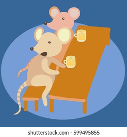 Colorful vector flat illustration of company of two mice sitting at table, drinking. Looking over their shoulders, surprised. Pub party game concept. Blue background with shadow.