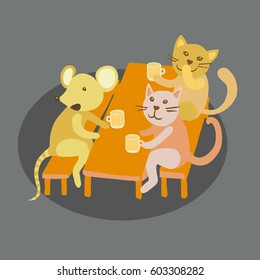 Colorful vector flat illustration of company of two cats and mouse sitting at table, drinking. Pub party game concept. Grey background with shadow.