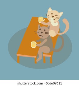 Colorful vector flat illustration of company of two cute cats sitting at table, drinking. Pub party game concept. Blue background with shadow.